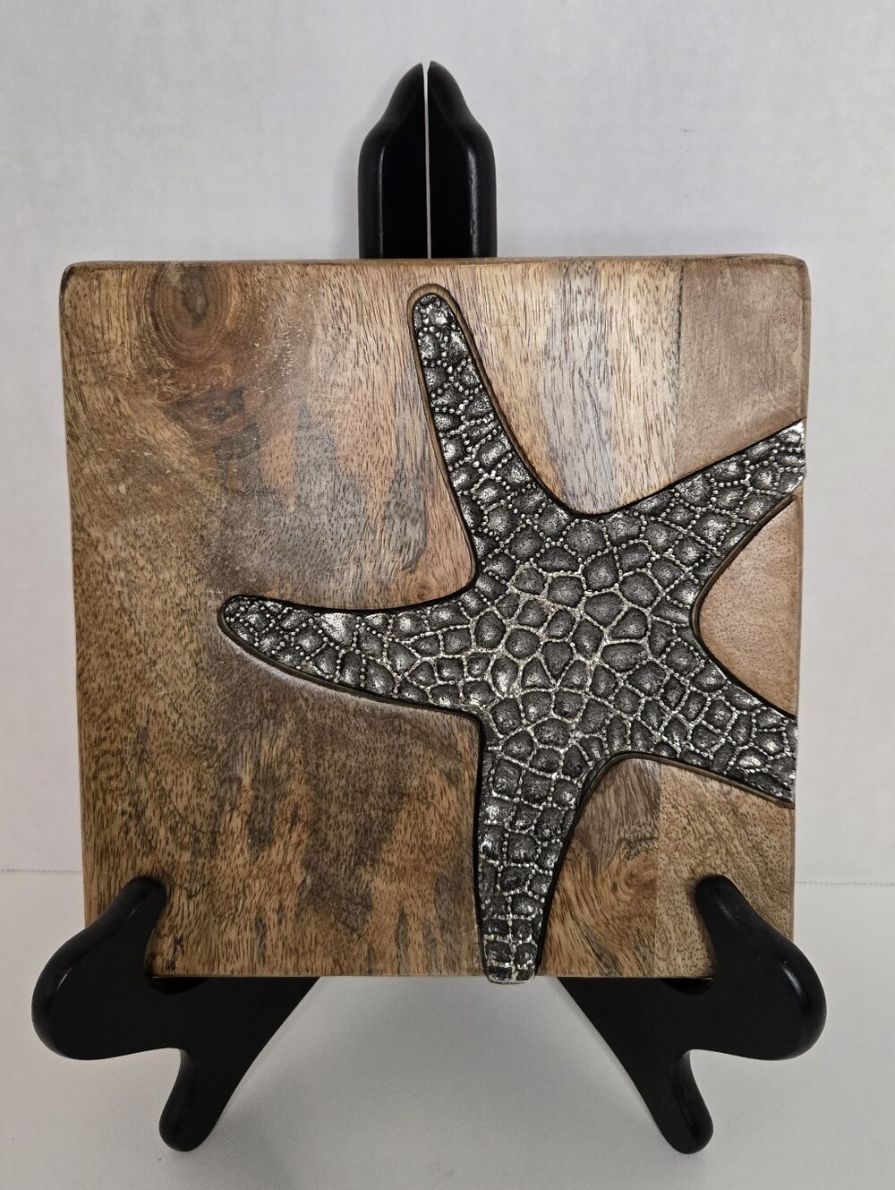 Mudpie Coastal Naturals Silver Metal Starfish Wooden Cheese Board